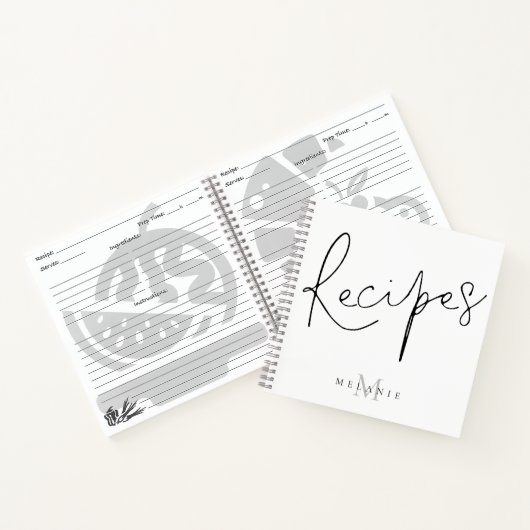 Monogram Elegant Script Black White Recipbook Notitieboek (Binnen)