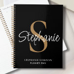 Monogram Elegant Script Name Black Gold<br><div class="desc">This personalized black planner features elegant script typography and a gold monogram. It is easily customizable.</div>