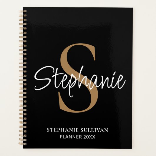 Monogram Elegant Script Name Black Gold  Planner (Voorkant)
