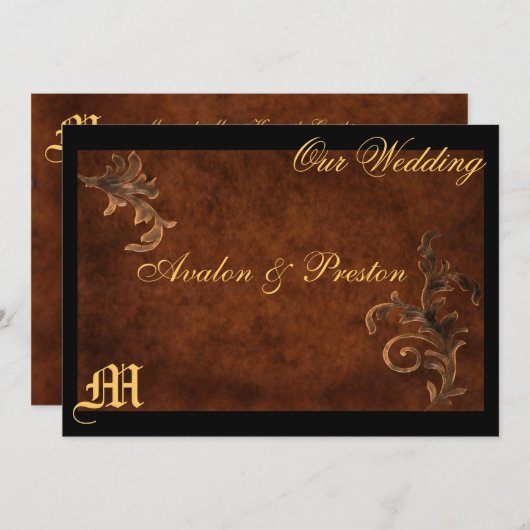 Monogram Elegant Scroll Leaf Wedding Uitnodiging (Voorkant / Achterkant)
