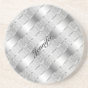 Monogram Elegant Silver Grey Metallic Stripes Zandsteen Onderzetter