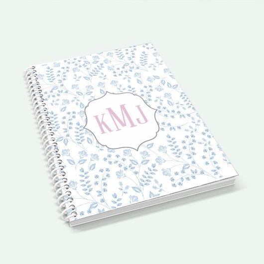  Monogram Elegant Simple Blue Floral Notitieboek