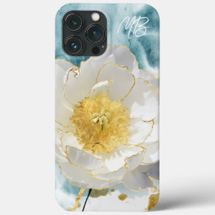 Monogram Elegant Simple White Flower Waterverf iPhone 13 Pro Max Hoesje
