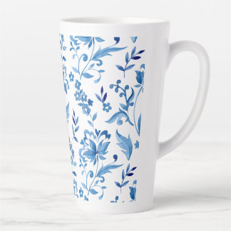 Monogram Elegant Vintage Blauwe Bloemmotief Latte Mok