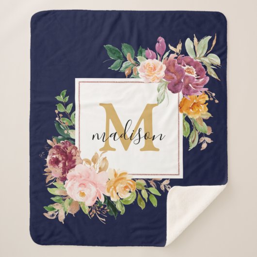 Monogram Elegant Waterverf Roos Floral Botanical Sherpa Deken (Voorkant)