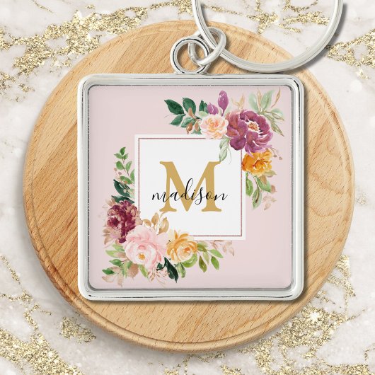 Monogram Elegant Waterverf Roos Floral Botanical Sleutelhanger