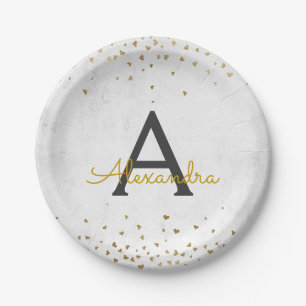 Monogram Elegant White en Gold Foil Confetti Papieren Bordje