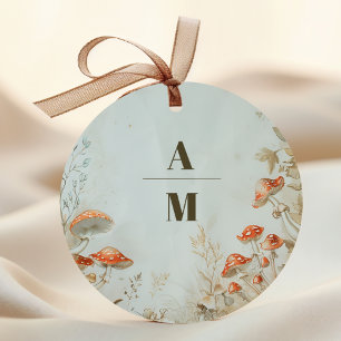 Monogram Elegant Woodland Paddestoel Varen Bruilof Ronde Sticker