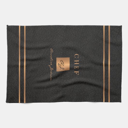 Monogram elegant zwart goud naam script chef theedoek (Horizontaal)