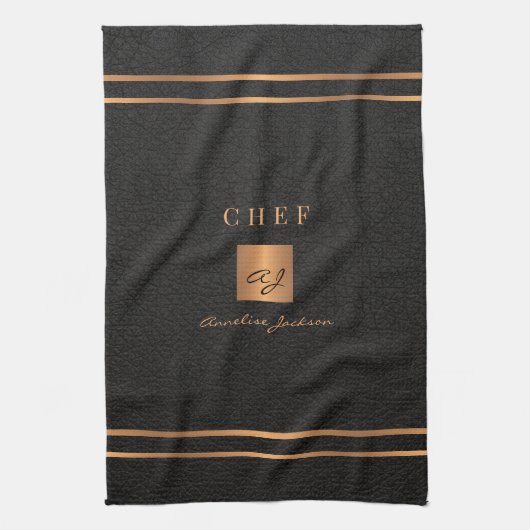 Monogram elegant zwart goud naam script chef theedoek (Verticaal)