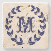 Monogram Elegante Blauwe Krans Stenen Onderzetter (Voorkant)