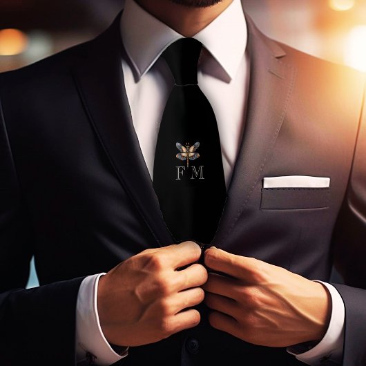 Monogram Elegante Dragonfly op Zwarte Stropdas