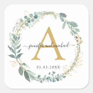 Monogram, elegante eucalyptusbruiloft vierkante sticker