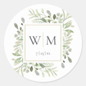 Monogram Elegante Groenelementen Gouden Bruiloft Ronde Sticker (Voorkant)