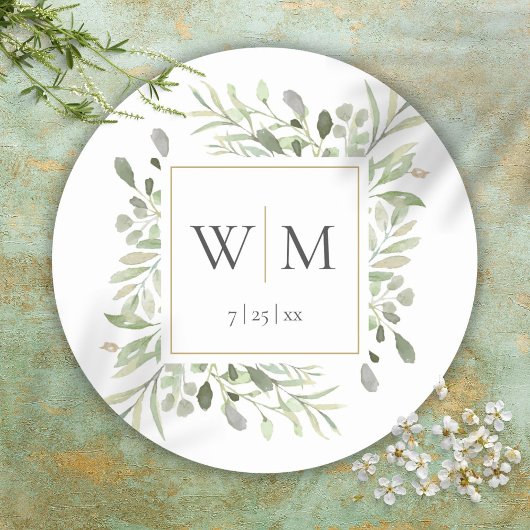 Monogram Elegante Groenelementen Gouden Bruiloft Ronde Sticker
