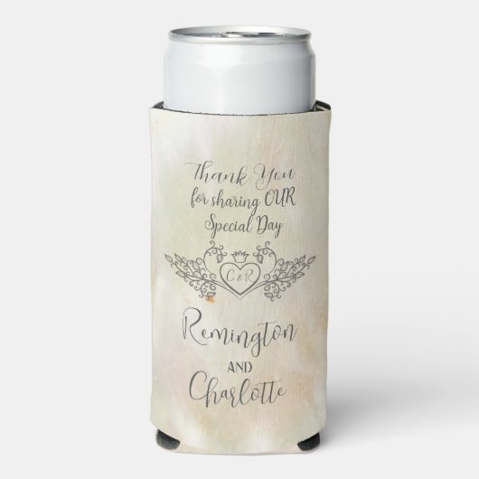 Monogram Elegante Moeder-van-Parel Perzik Bruiloft (Seltzer Voorkant)