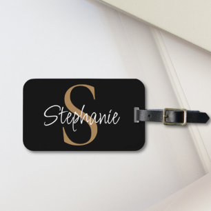 Monogram Elegante Script Naam Zwart Goud Bagagelabel