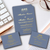 Monogram Elegante Stoffige Blauwe en Gouden Huweli Folie Uitnodiging