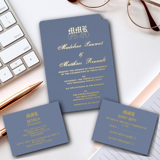 Monogram Elegante Stoffige Blauwe en Gouden Huweli Folie Uitnodiging