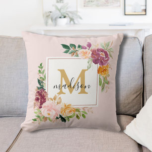 Monogram Elegante Watercolor Roos Bloemige Botanis Kussen