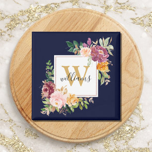 Monogram Elegante Watercolor Roos Bloemige Botanis Magneet