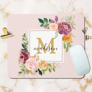 Monogram Elegante Watercolor Roos Bloemige Botanis Muismat