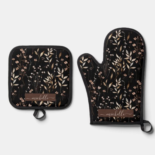 Monogram Elegante Waterverf Bruine Bloem Ovenwant & Pannenlap Set (Voorkant)