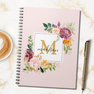Monogram Elegante Waterverf Roos Bloemige Botanisc Notitieboek