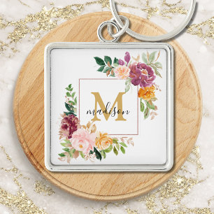Monogram Elegante Waterverf Roos Bloemige Botanisc Sleutelhanger