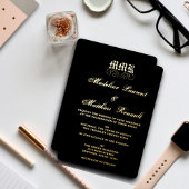 Monogram Elegante Zwart en Gouden Huwelijk Folie Uitnodiging