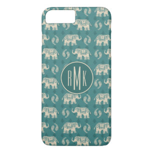 Monogram   Elephant Blauwgroen Caravan Pattern iPhone 8 Plus / 7 Plus Hoesje
