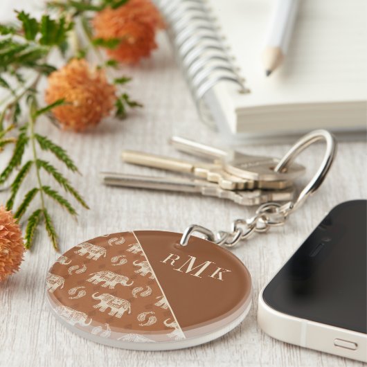 Monogram | Elephant Oranje Caravan Pattern Sleutelhanger (Voorkant Rechts)