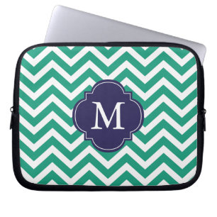 Monogram Emerald Green & Blue Zigzags Laptop Sleeve