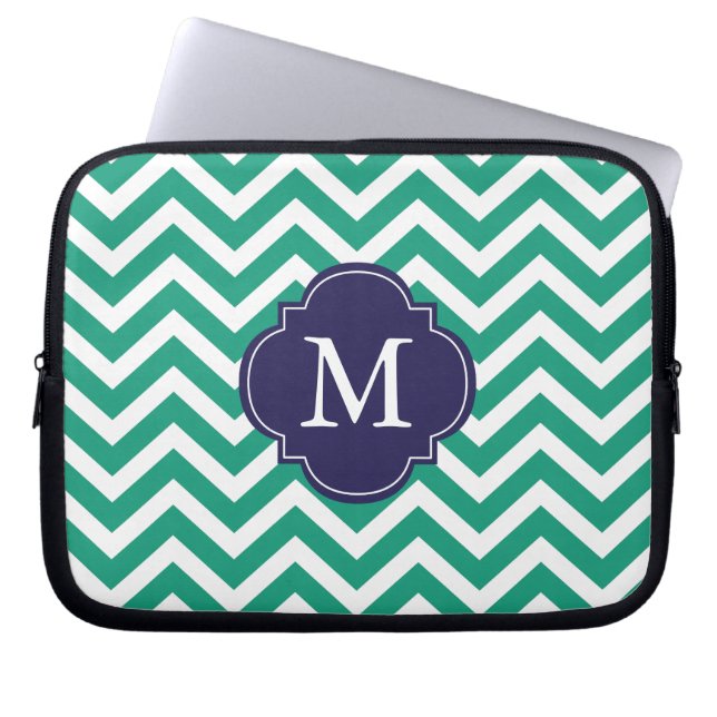 Monogram Emerald Green & Blue Zigzags Laptop Sleeve (Voorkant)