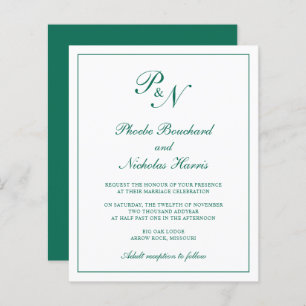 Monogram Emerald Green Budget Wedding Uitnodiging