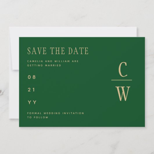 Monogram Emerald Green Gold bespaart de datum Save The Date (Voorkant)