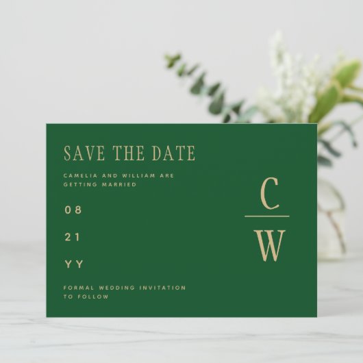 Monogram Emerald Green Gold bespaart de datum Save The Date (Staand voorkant)