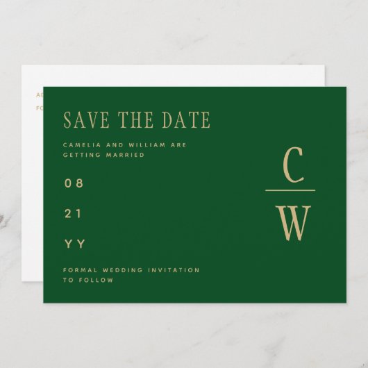 Monogram Emerald Green Gold bespaart de datum Save The Date (Voorkant / Achterkant)