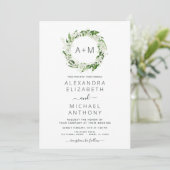 Monogram Emerald Green Greenery Wedding Invitation Kaart (Staand voorkant)