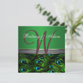 Monogram Emerald Green Peacock Wedding Invitations Kaart (Staand voorkant)
