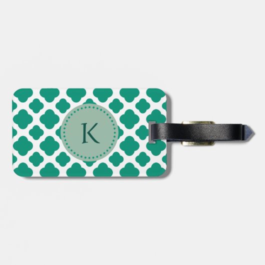 Monogram Emerald Green & White Quatrefoil Patroon Bagagelabel (Achterkant horizontaal)