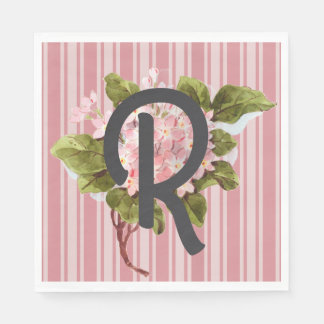 Monogram en bloemen op roze strepen servet