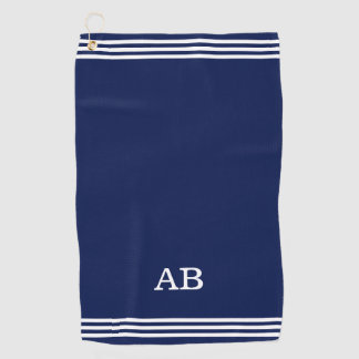 Monogram en drie strepen op een navyblauwe golfhan golfhanddoek