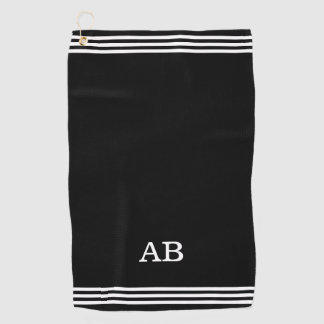Monogram en drie strips op zwart golfhanddoek