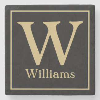 MONOGRAM en familienaam op zwart Stenen Onderzetter