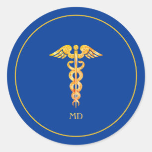 Monogram en Golden Medical Doctor op blauw Ronde Sticker