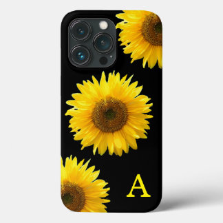 Monogram en mooie zonnebloemen op zwart iPhone 13 pro hoesje