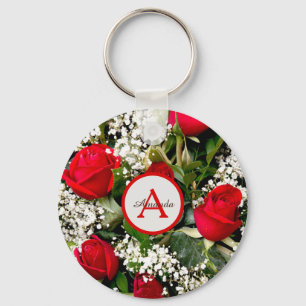 Monogram en naam op gemalen rode rozen bouquet sleutelhanger