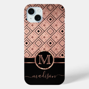 Monogram en Naam Roos Gouden Diamantpatroon iPhone 15 Mini Hoesje