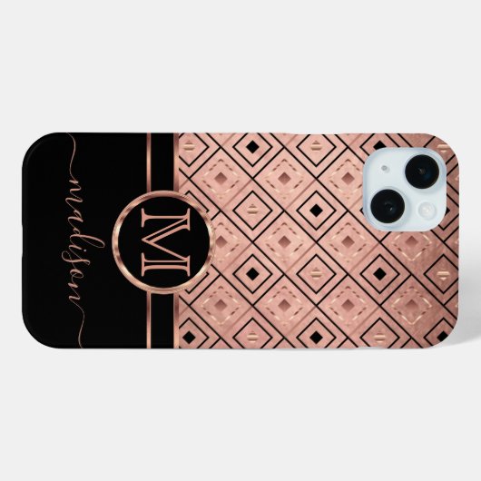 Monogram en Naam Roos Gouden Diamantpatroon Case-Mate iPhone Case (Achterkant (horizontaal))